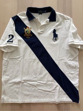 Polo Ralph Lauren White & Navy Diagonal-Stripe Rugby Polo